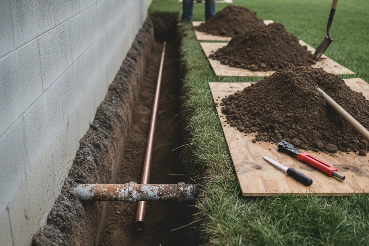 Excavated water line trench during Water Softener Installation in Jonesville